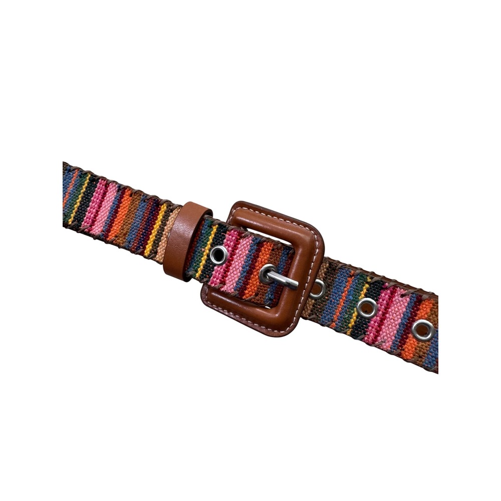 Sunwear Women Multi Color Striped Woven Belt Tan Faux Leather Whipstitch Small